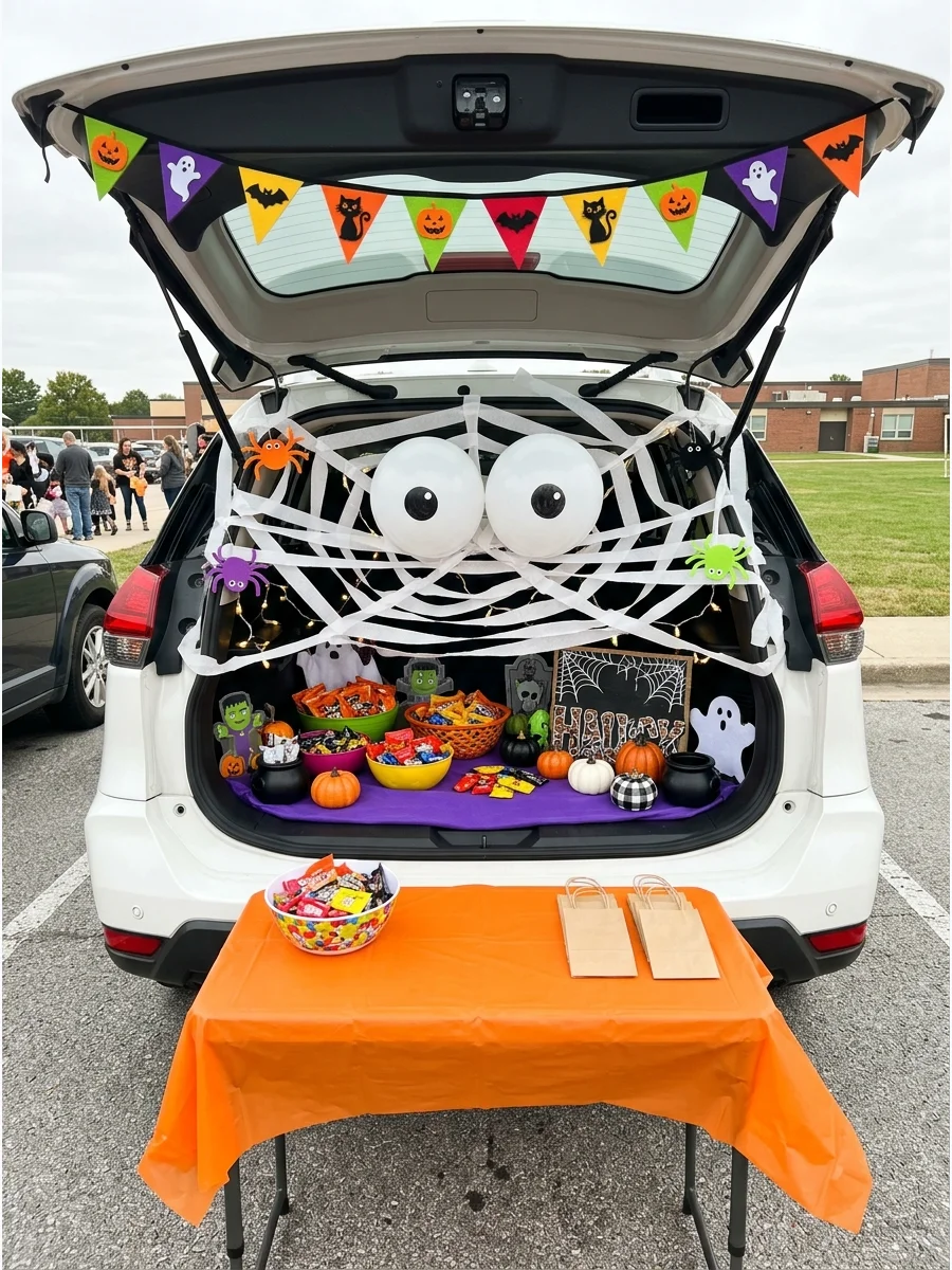 SUV trunk with a paper streamer web and two large balloon eyeballs.