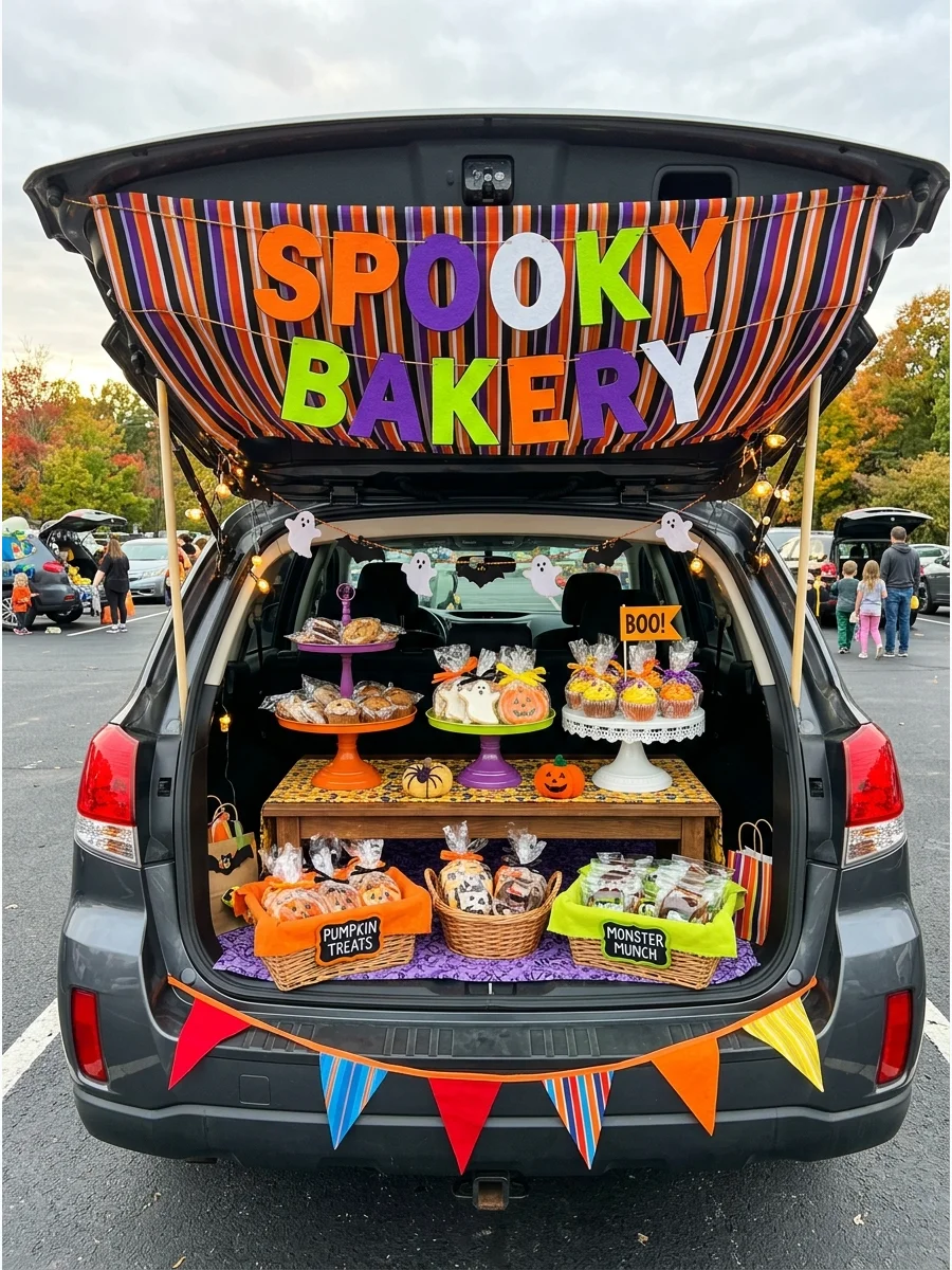 SUV trunk decorated as a bakery with baskets of treats.