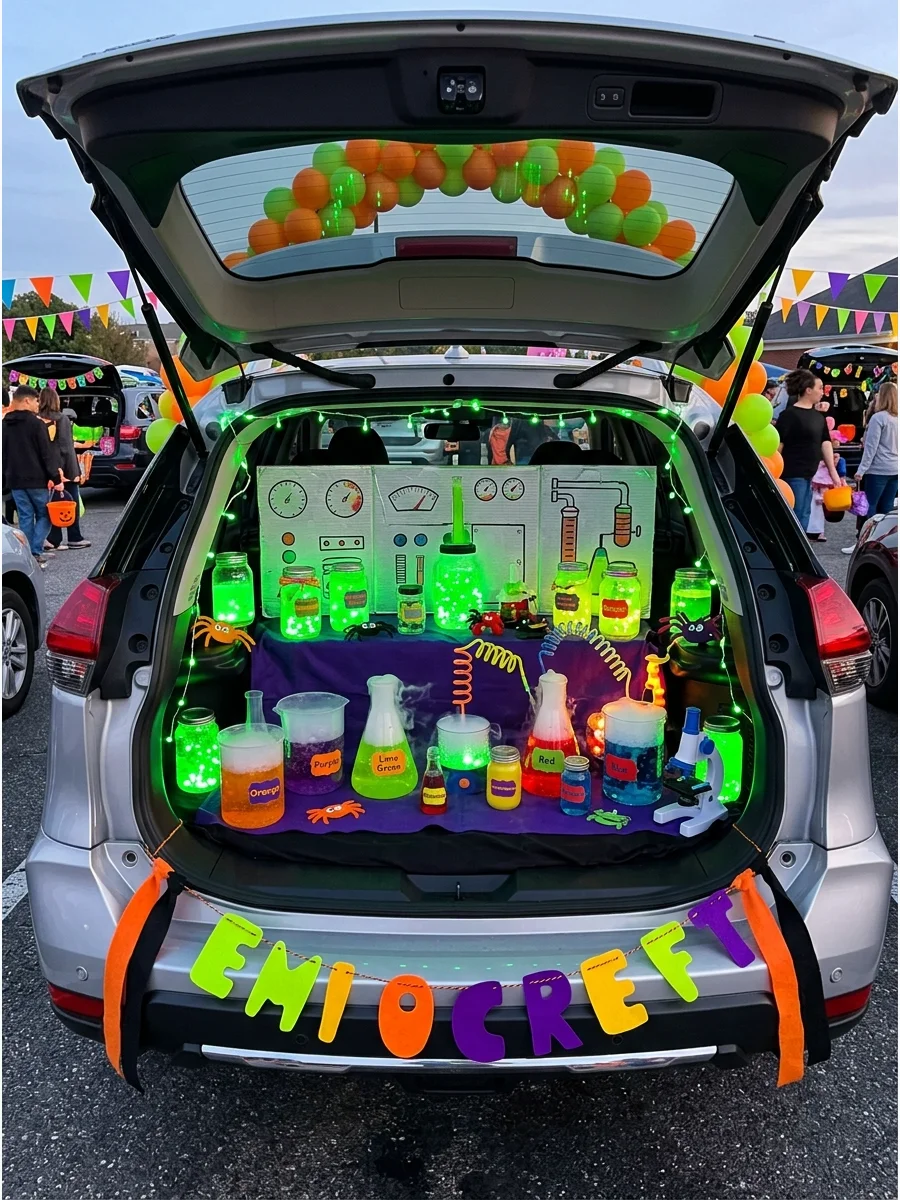 SUV trunk decorated as a mad scientist lab with glowing green jars.