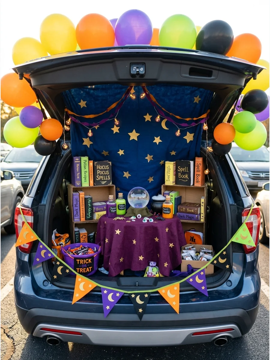 SUV trunk decorated as a wizard's workshop with stars and spell books.