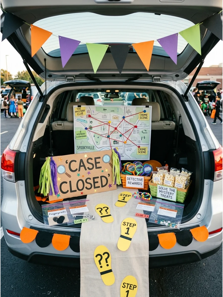 SUV trunk with a detective theme featuring maps and footprints.