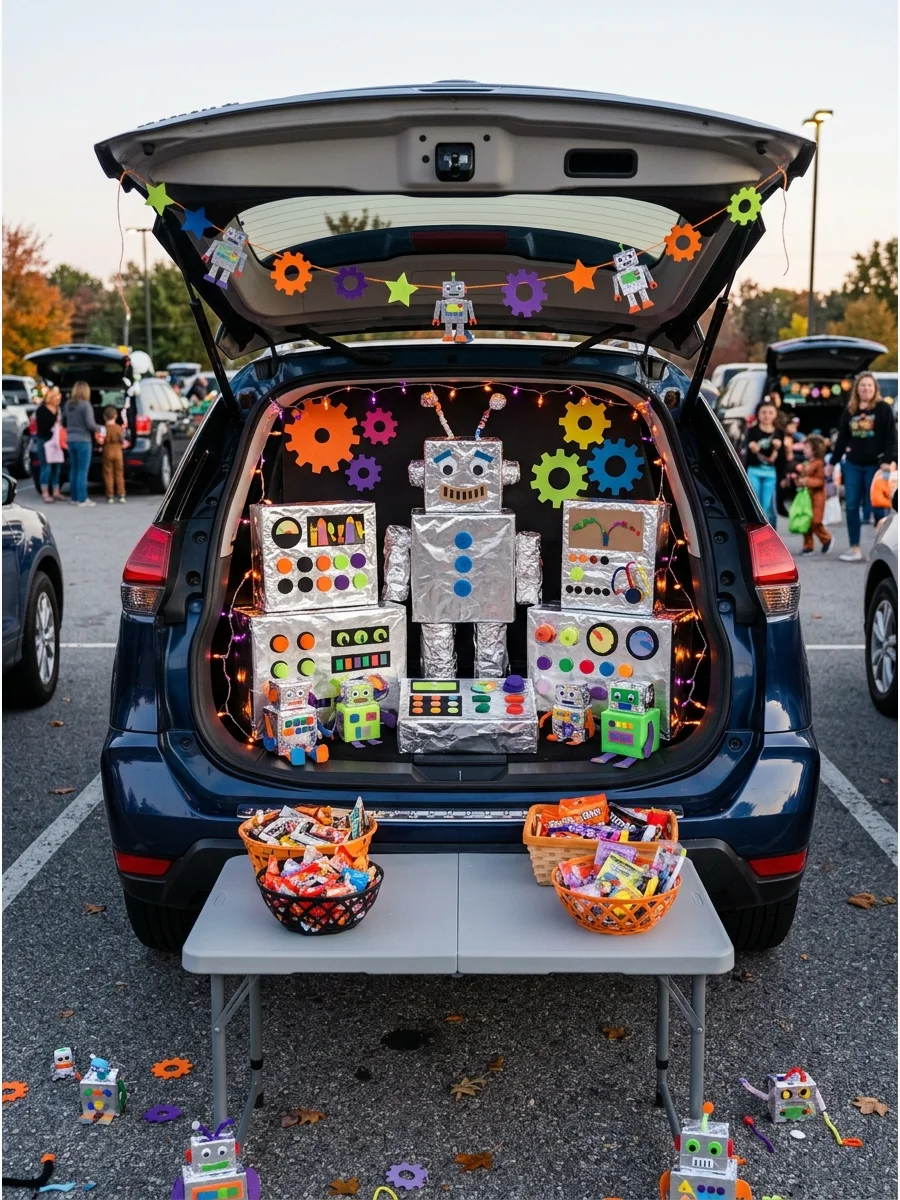 SUV trunk decorated as a robot control center with foil boxes.