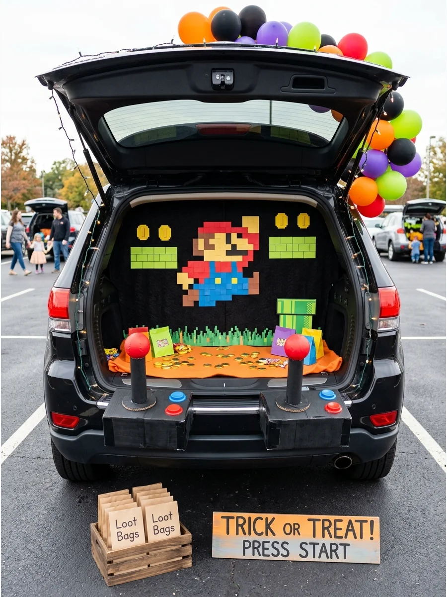 SUV trunk decorated with a retro arcade theme and pixel art.