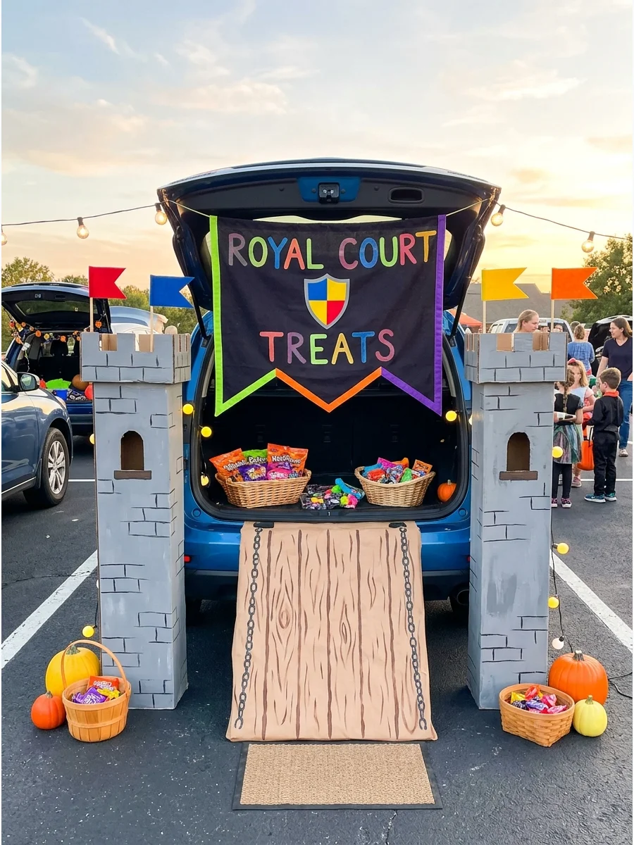 SUV trunk decorated as a castle with cardboard towers.