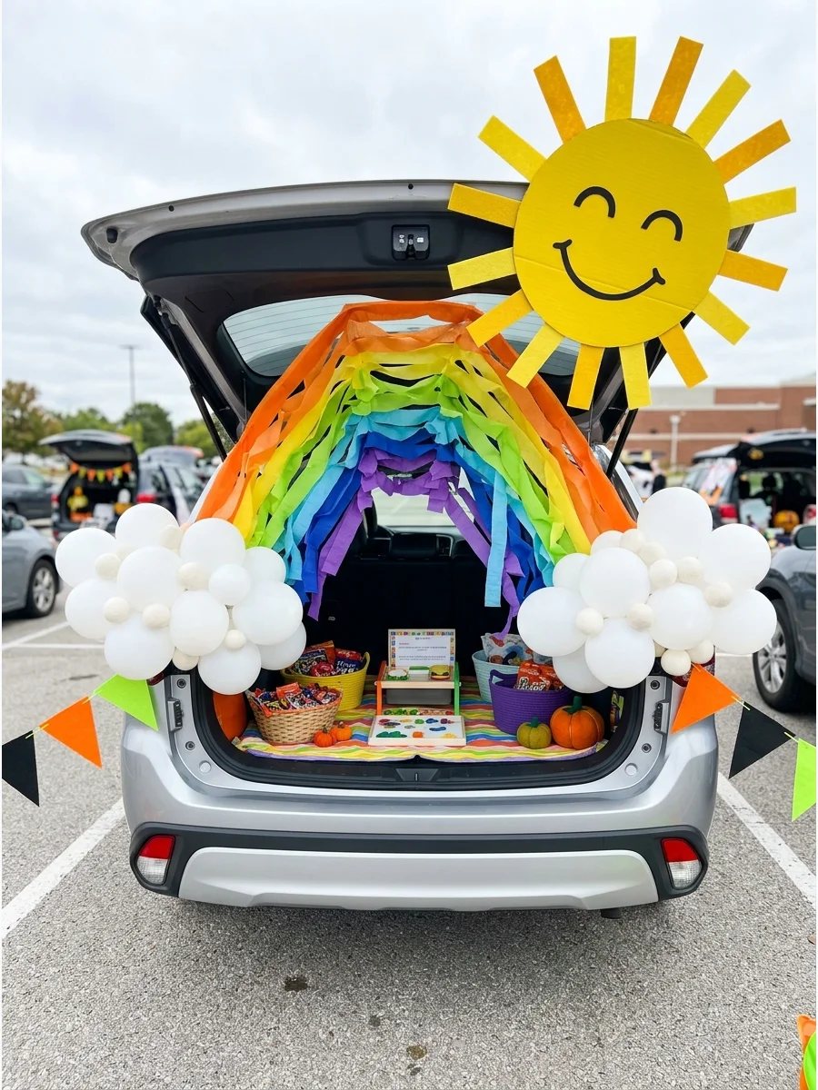 SUV trunk decorated with a rainbow and white balloon clouds.
