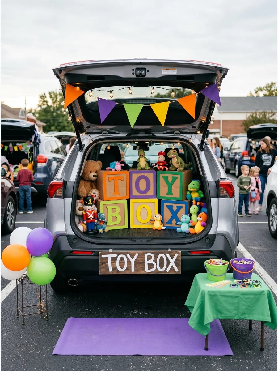 SUV trunk decorated as a giant toy box with alphabet blocks.