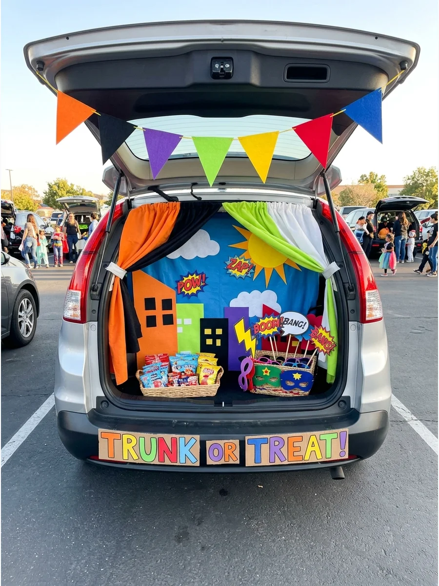 SUV trunk set up as a photo booth with props and a backdrop.