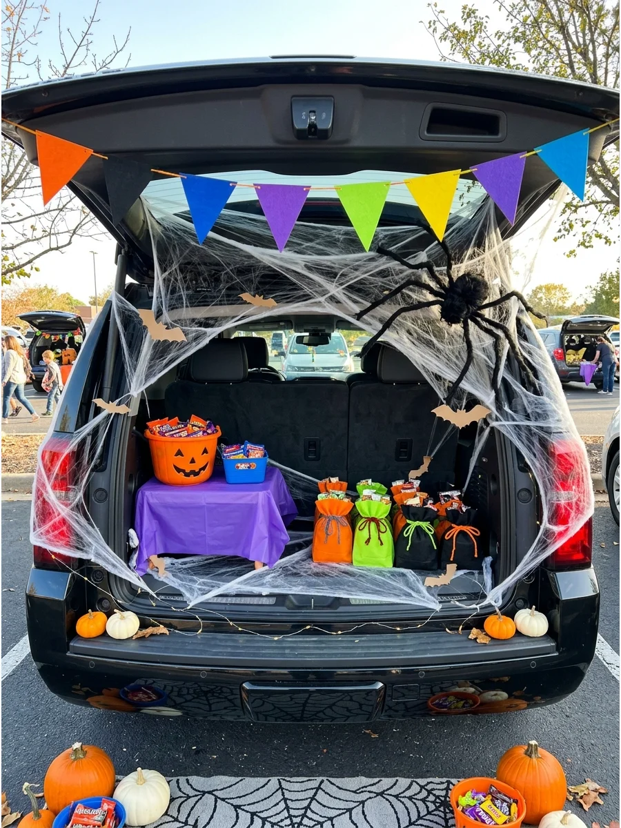 SUV trunk covered in faux white spiderwebs with a large black spider.