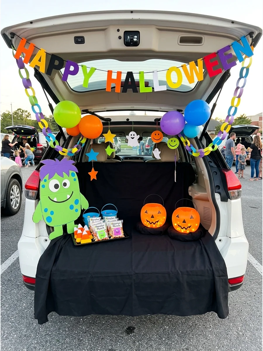 Simple 10-minute trunk or treat setup with a banner and glowing buckets.