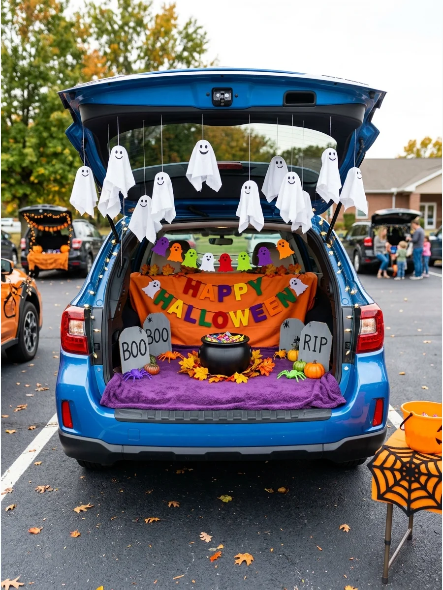 SUV trunk with hanging fabric ghosts under the open hatch.