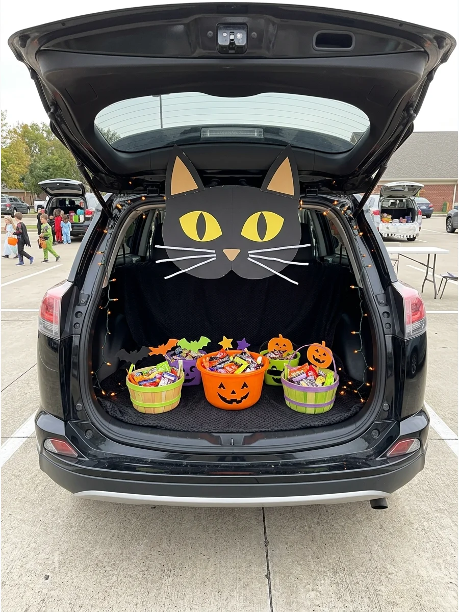 SUV trunk decorated as a black cat with large yellow eyes and whiskers.