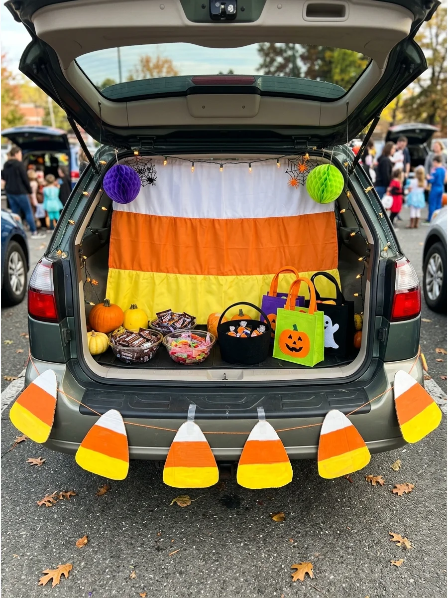 SUV trunk decorated with white, orange, and yellow stripes like candy corn.