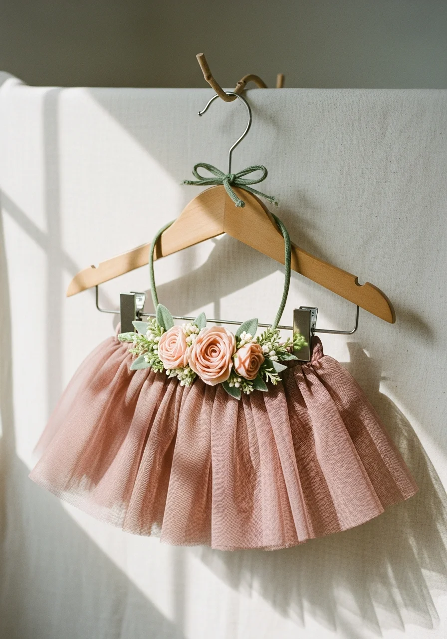 A dusty rose tulle baby skirt and a silk flower crown with peach roses and sage leaves on a wooden hanger.