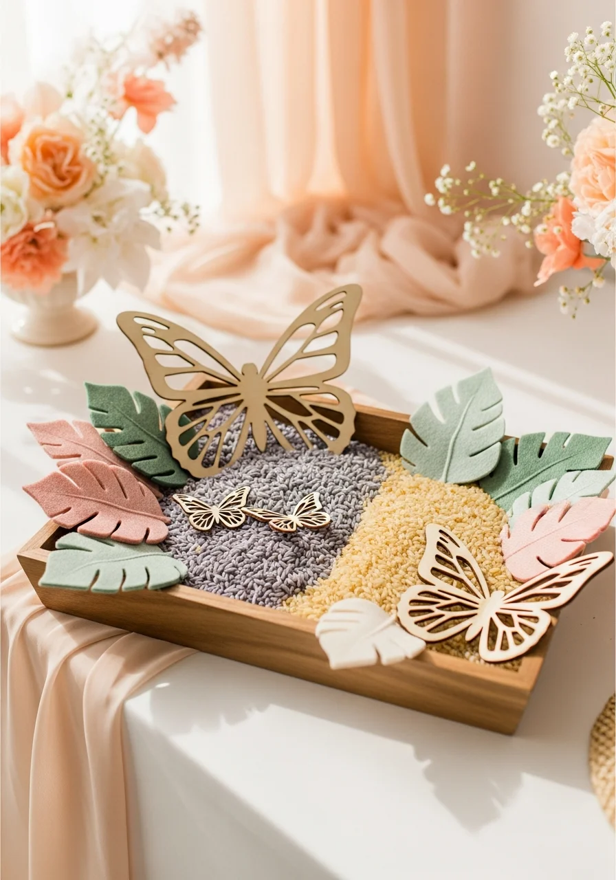 A wooden sensory tray with lavender and gold rice, wooden butterflies, and felt leaves in a garden.