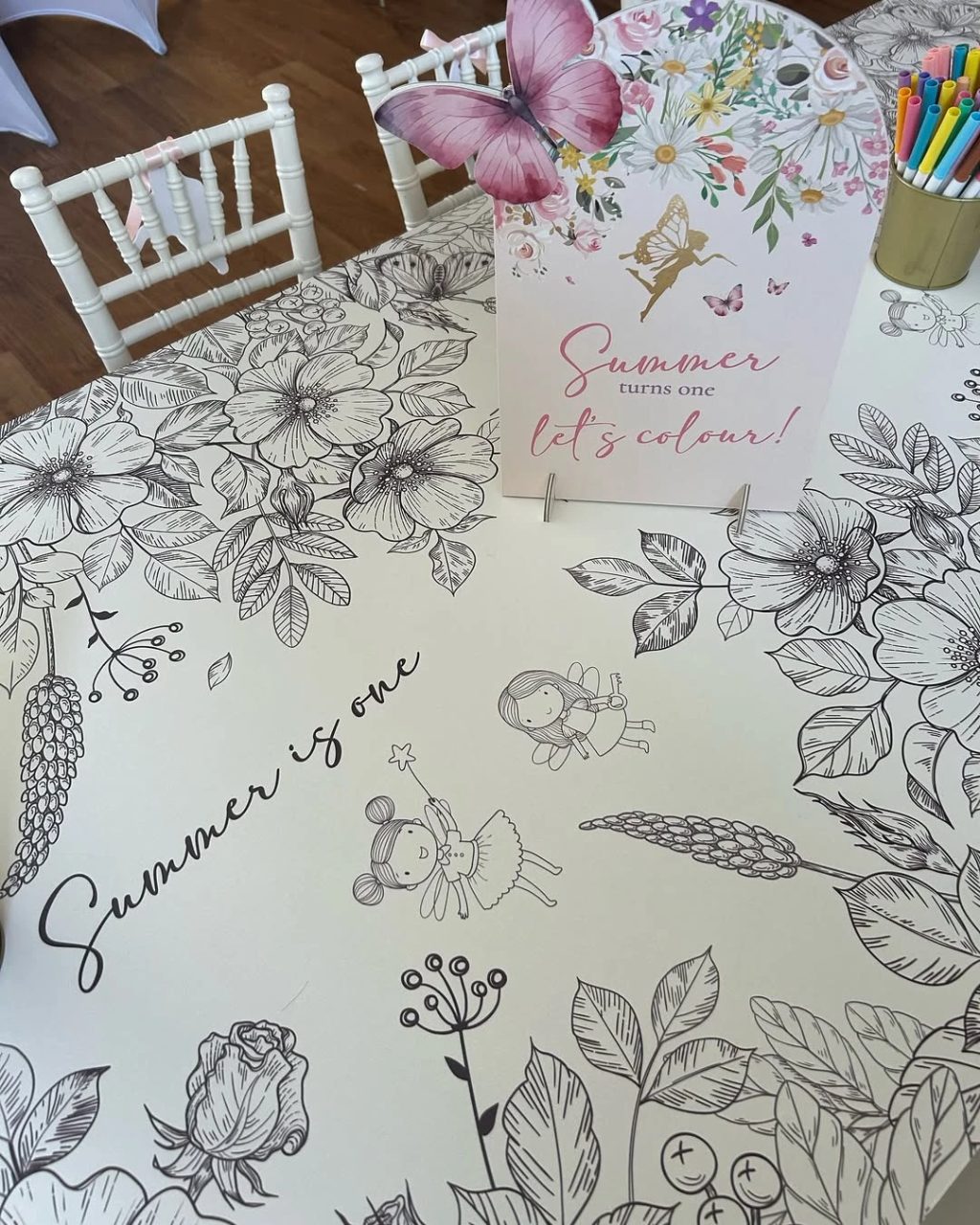 Custom Coloring Table Covers fairy first birthday party ideas