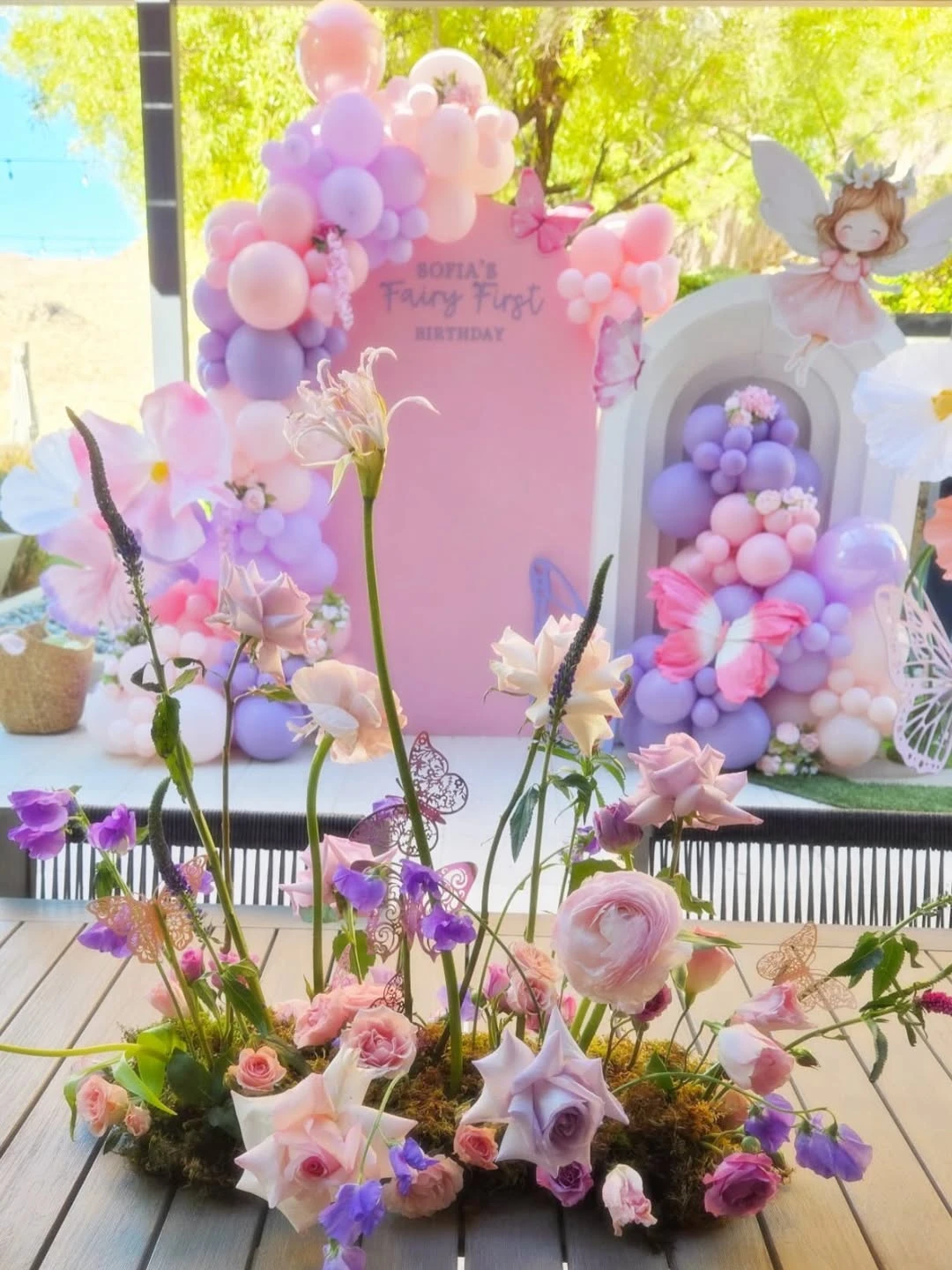 Mossy Tabletop Garden Displays fairy first birthday party ideas