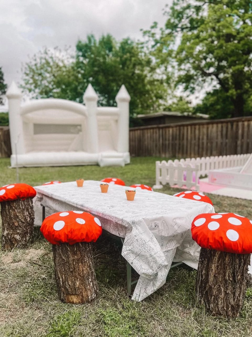 Toadstool Stool Seating fairy first birthday party ideas