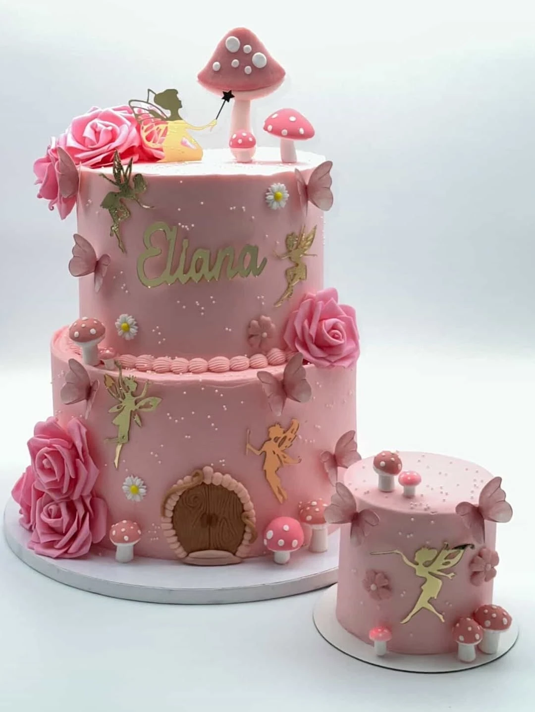 Pink Toadstool Cake Duo fairy first birthday party ideas
