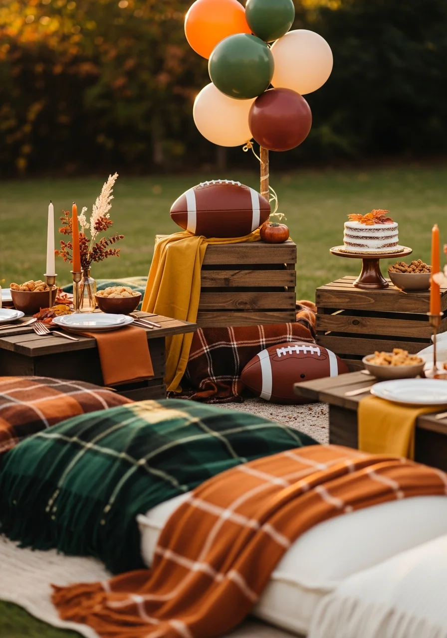 A rustic backyard football party setup with vintage leather balls, wooden crates for seating, and plaid blankets.
