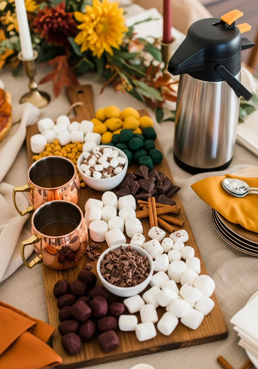 A wooden grazing board featuring hot cocoa toppings, cinnamon sticks, and copper mugs.