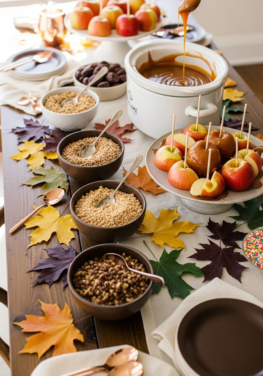 An interactive dessert station with sliced apples, bowls of toppings, and a pot of warm caramel.