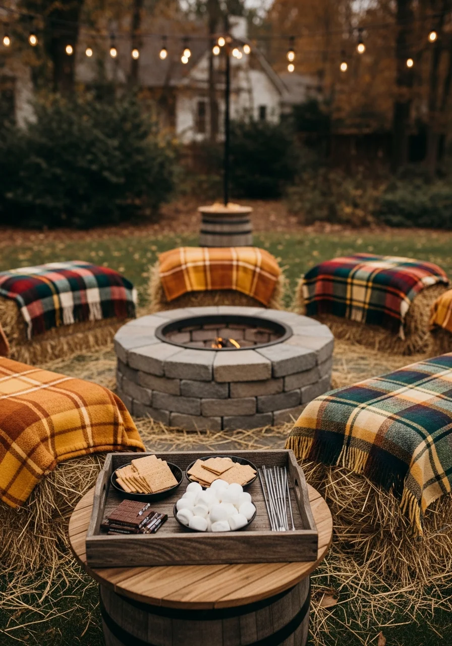 A cozy fire pit area with hay bale seating, blankets, and a tray of s'mores ingredients under string lights.