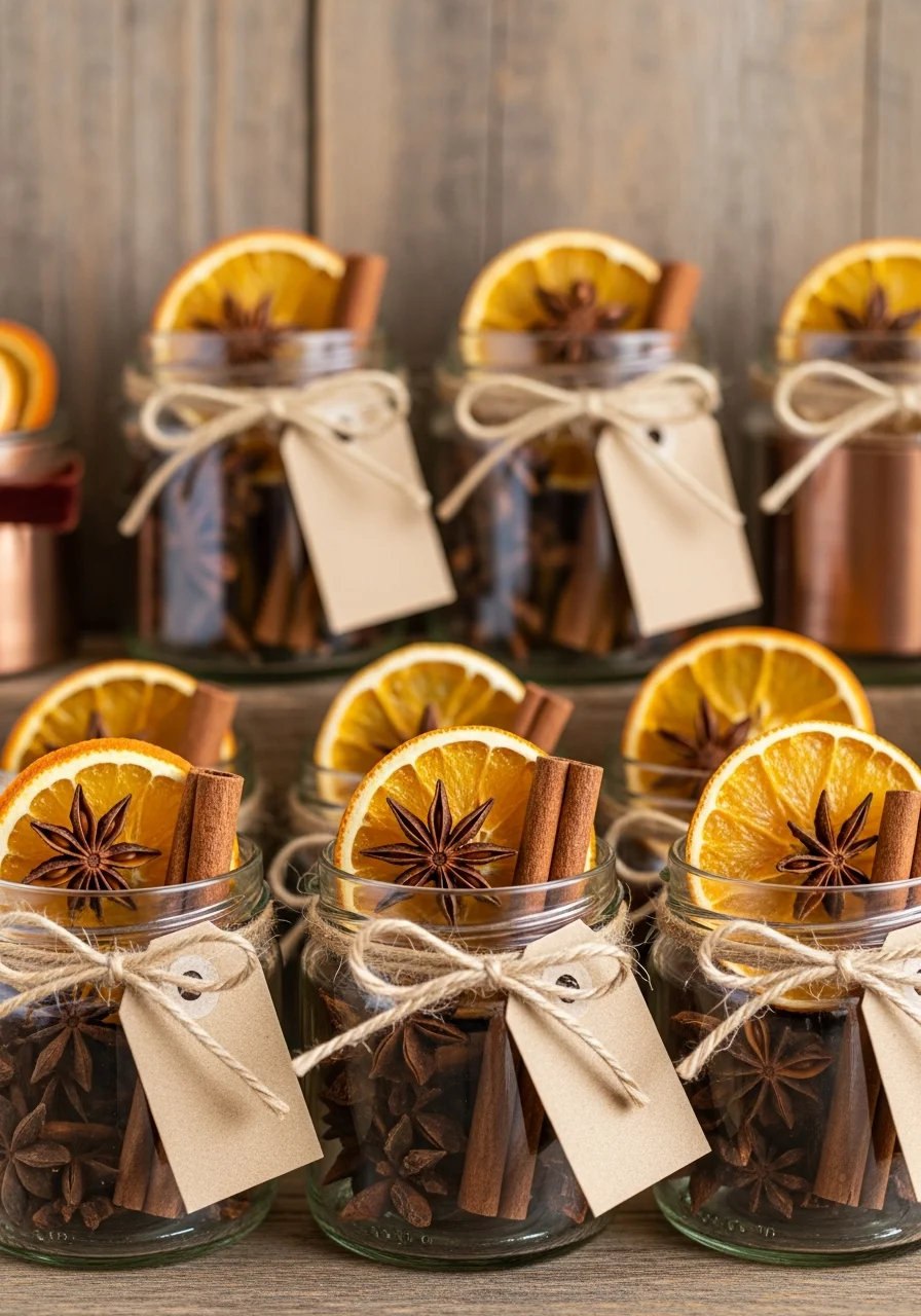 Small glass jars containing mulling spices and dried fruit tied with twine and kraft paper tags.