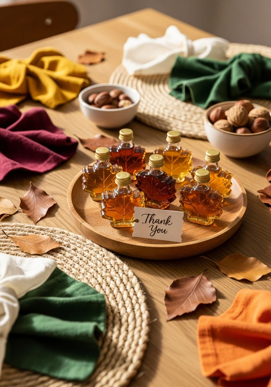Leaf-shaped glass bottles filled with maple syrup arranged on a wooden serving tray.