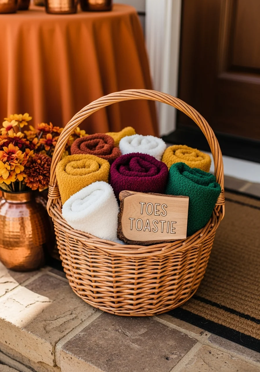 A wicker basket filled with colorful rolled-up socks and a wooden sign on a porch.