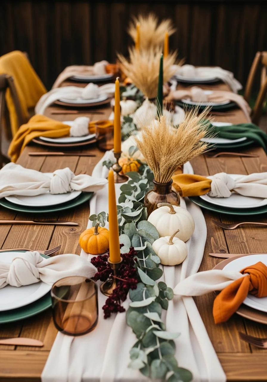 A rustic wooden table with wheat and eucalyptus centerpiece, white pumpkins, and copper utensils.