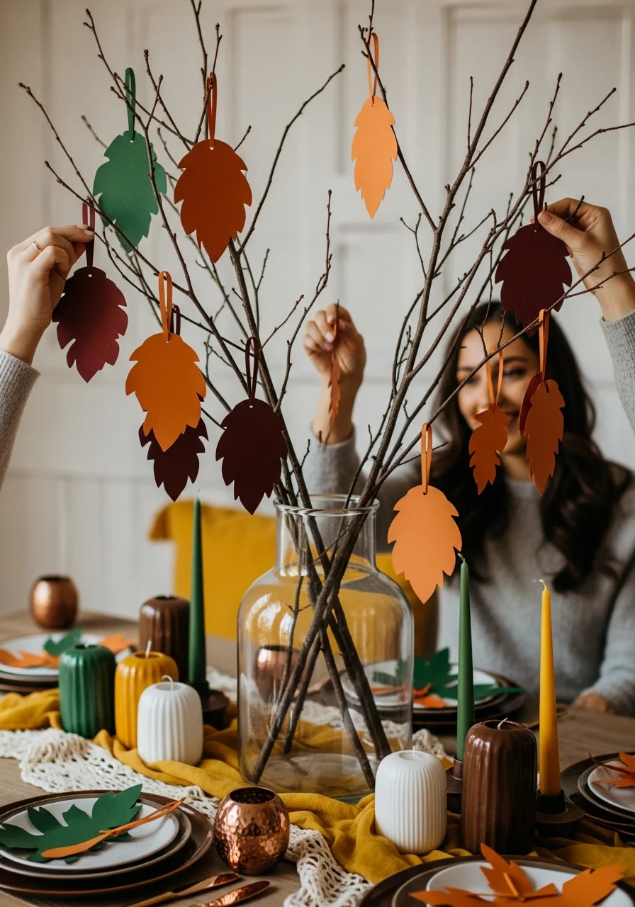A branch arrangement in a vase with colorful paper leaves hanging from the twigs.