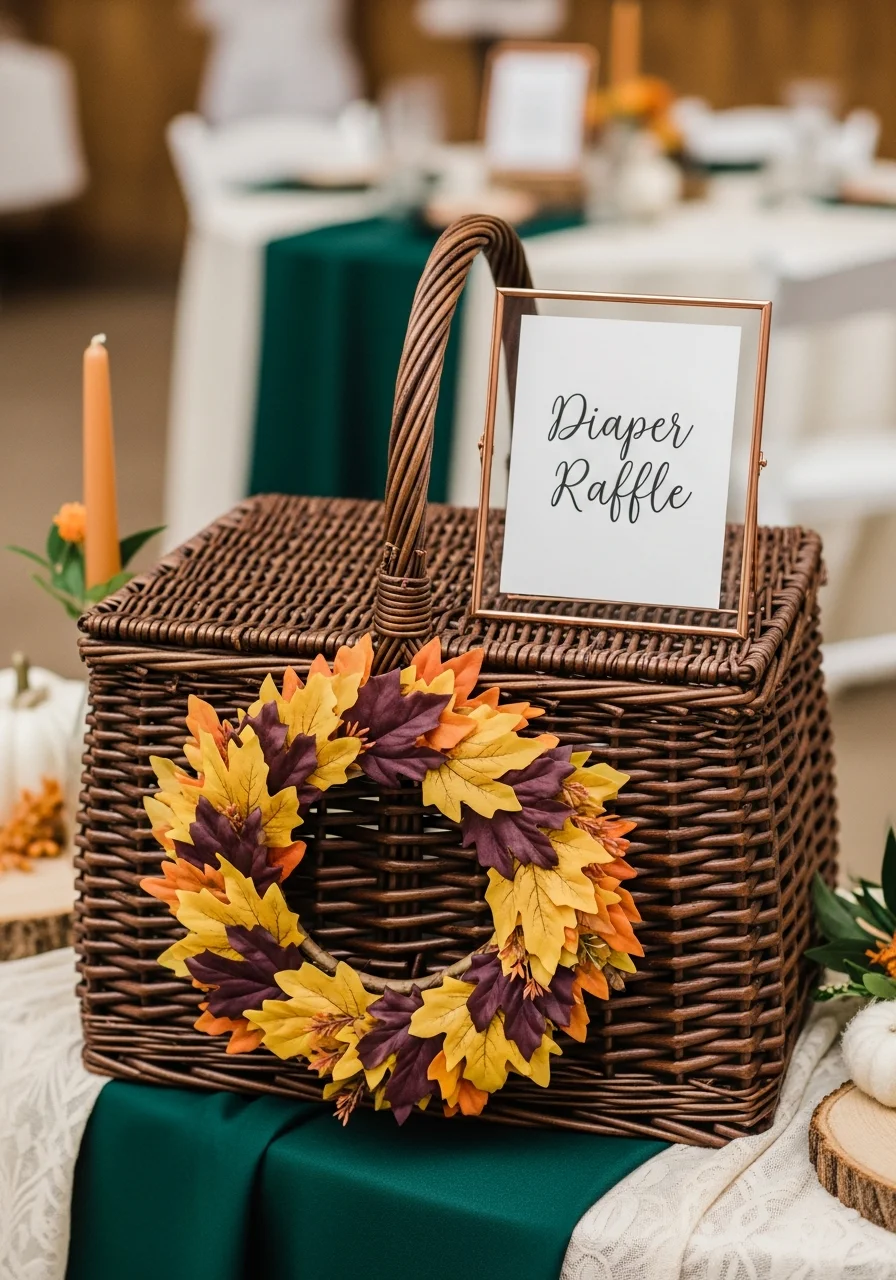 A diaper raffle basket with a fall leaf wreath and a copper-framed sign.
