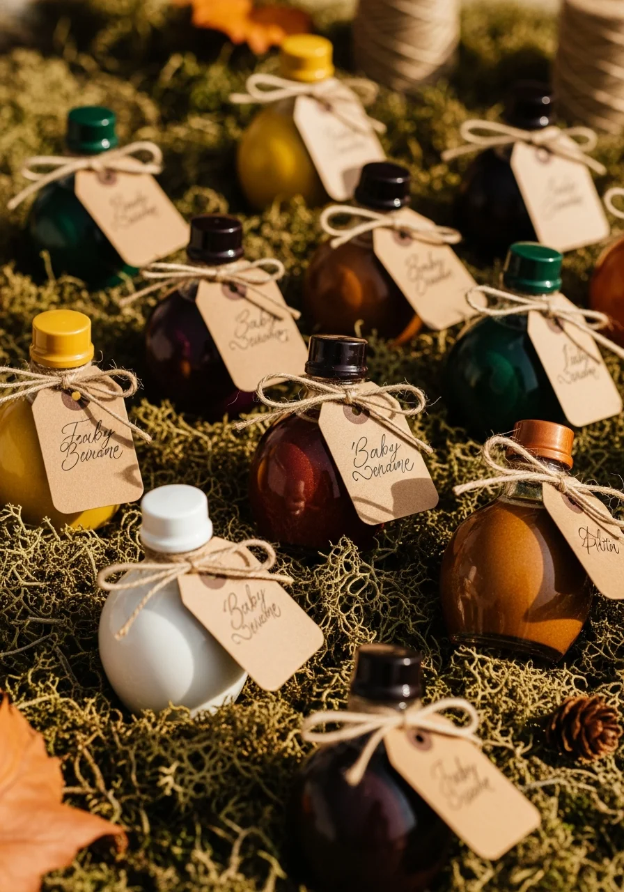 Small bottles of maple syrup with brown paper tags on a bed of green moss.