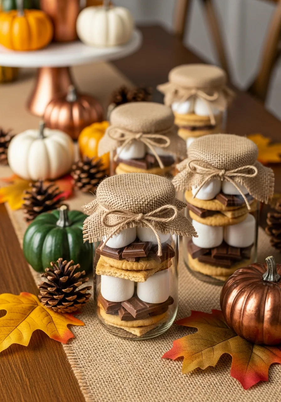 Mason jars filled with s'mores ingredients and topped with burlap lids.