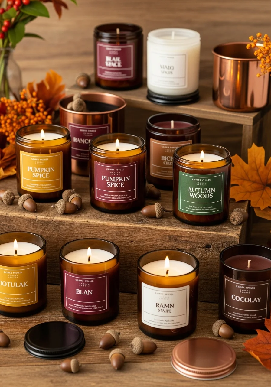 Amber glass candles with fall scents and scattered acorns on a wooden surface.