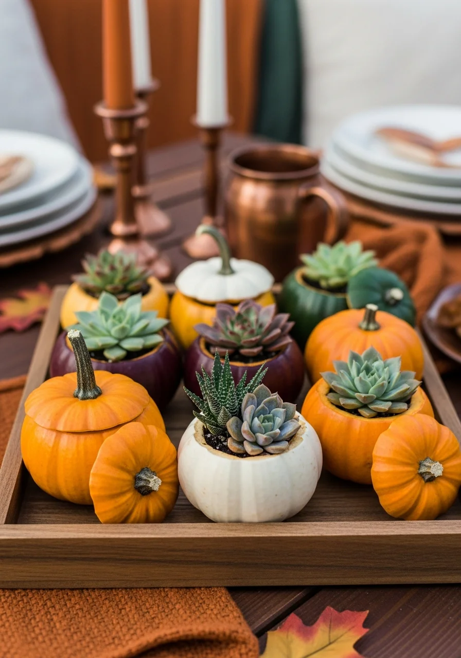 Small pumpkins used as planters for green succulents on a rustic tray.