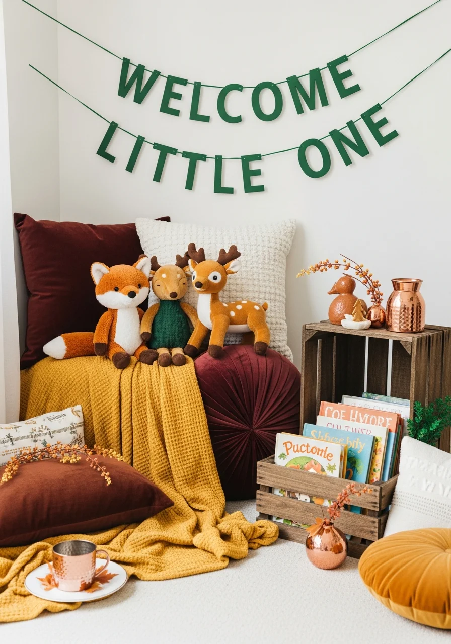 A nursery-themed corner with plush forest animals and a green banner.