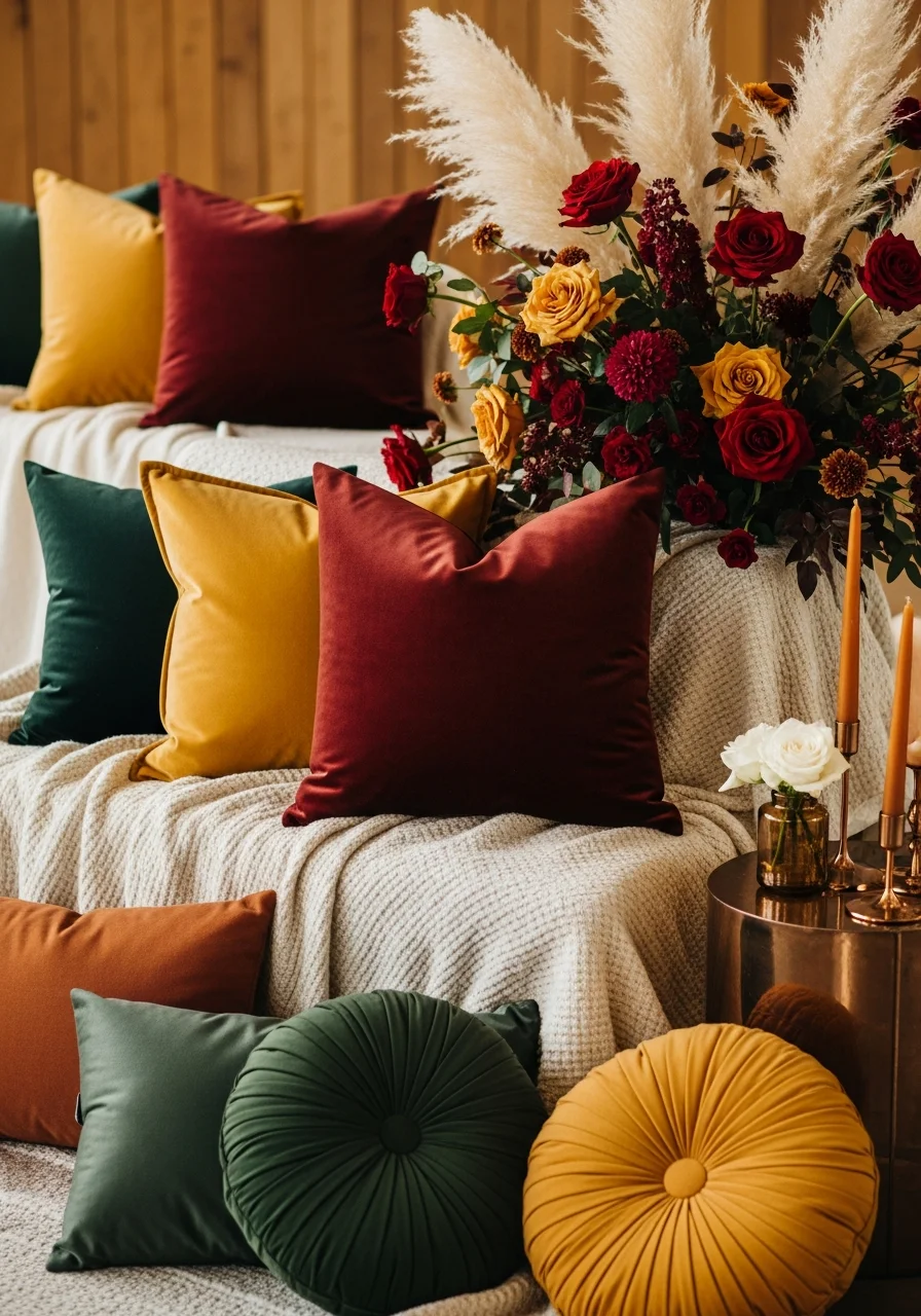 A seating area with burgundy velvet cushions and a floral arrangement of roses and pampas grass.