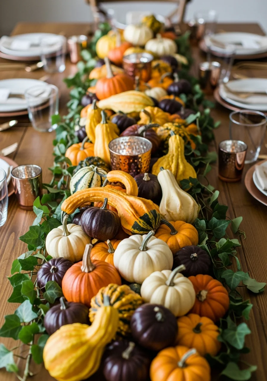 A lush table runner made of pumpkins, gourds, and green ivy.