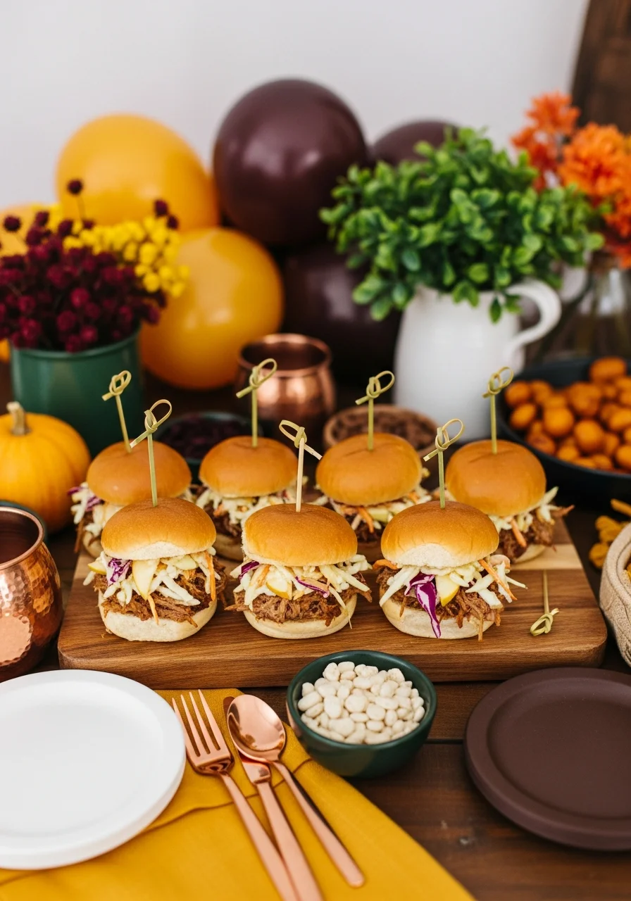 A wooden platter of pulled pork sliders with apple slaw and bamboo picks.