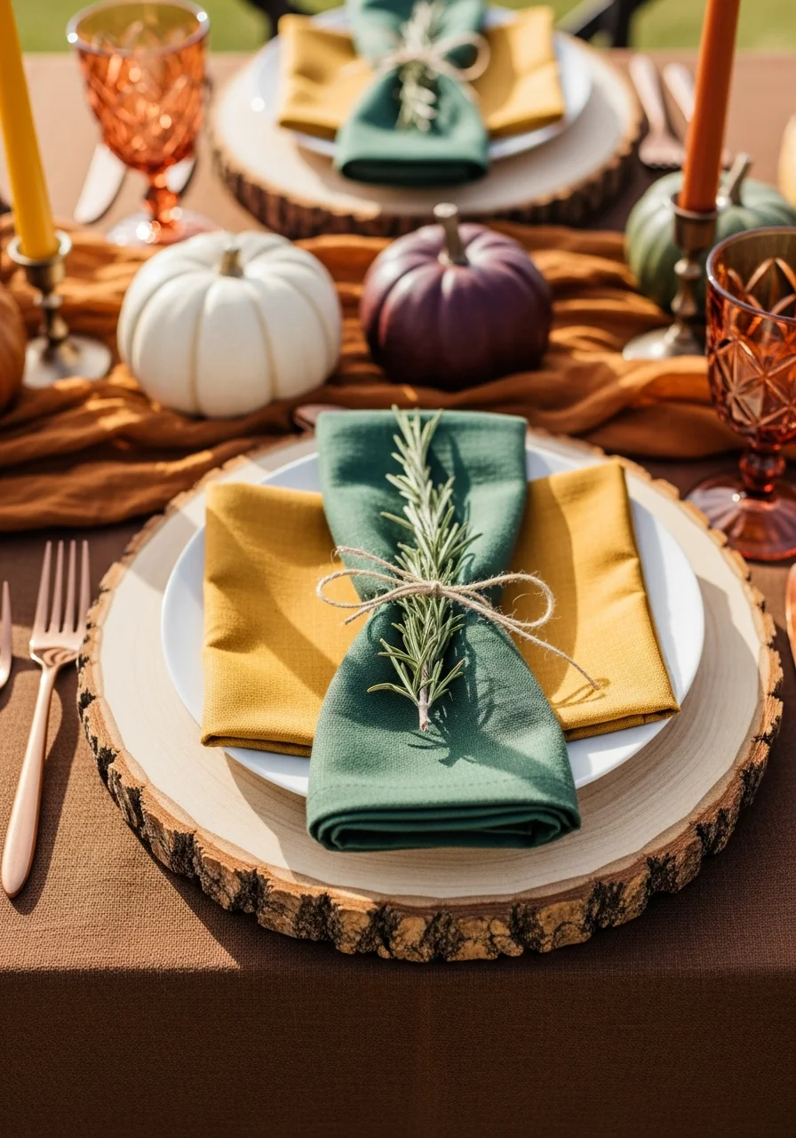 A of a rustic place setting featuring a wood slice charger and a forest green napkin.