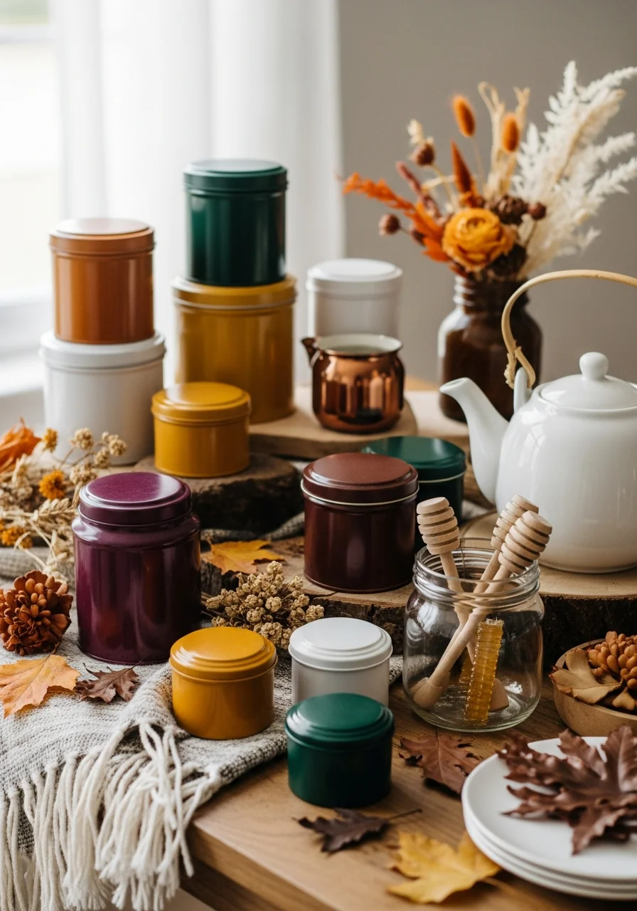 A tea station with a white teapot, tea tins, and wooden honey sticks.