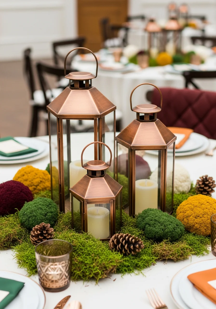 Three copper lanterns on a bed of moss and pinecones.