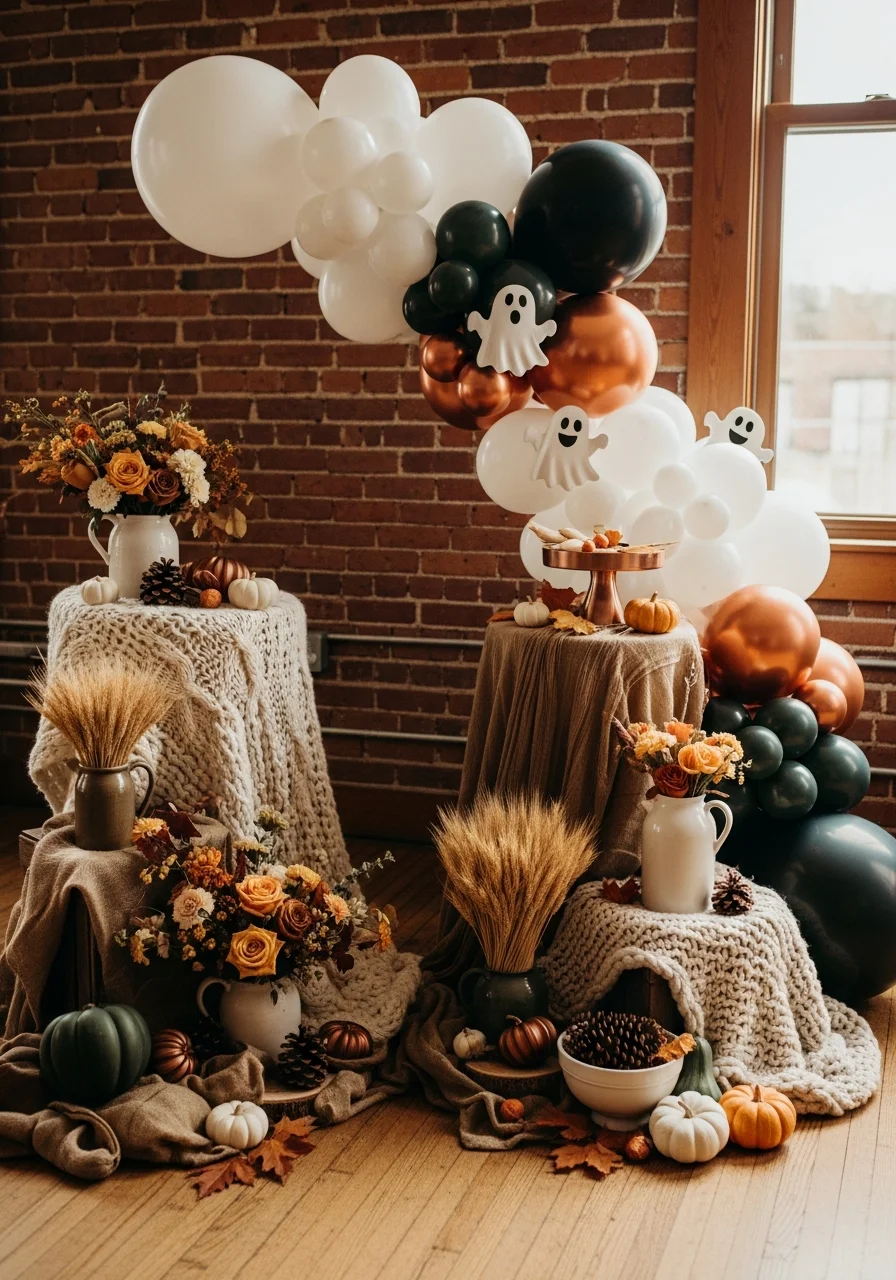 A balloon arch in white, black, and copper with small ghost decorations.