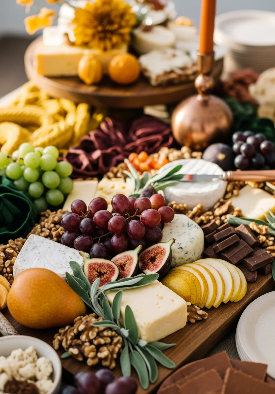 A large wooden charcuterie board with fall fruits, nuts, and cheeses.