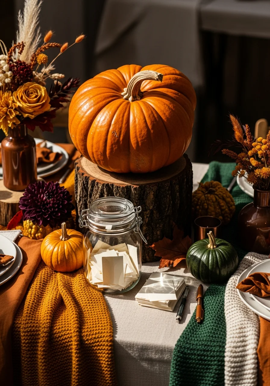 A large heirloom pumpkin on a stand with a jar for guessing its weight.