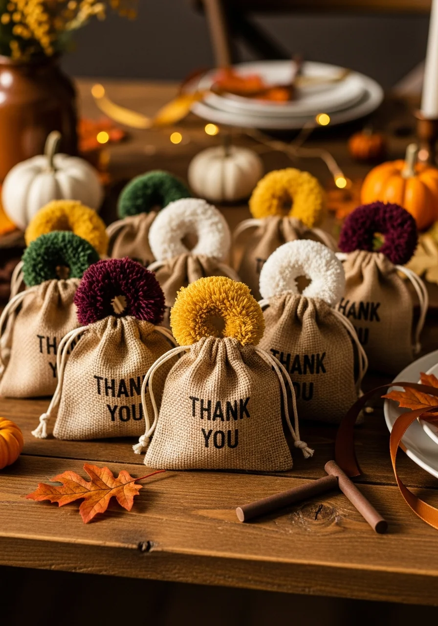Burlap favor bags with a donut inside and a thank you stamp.