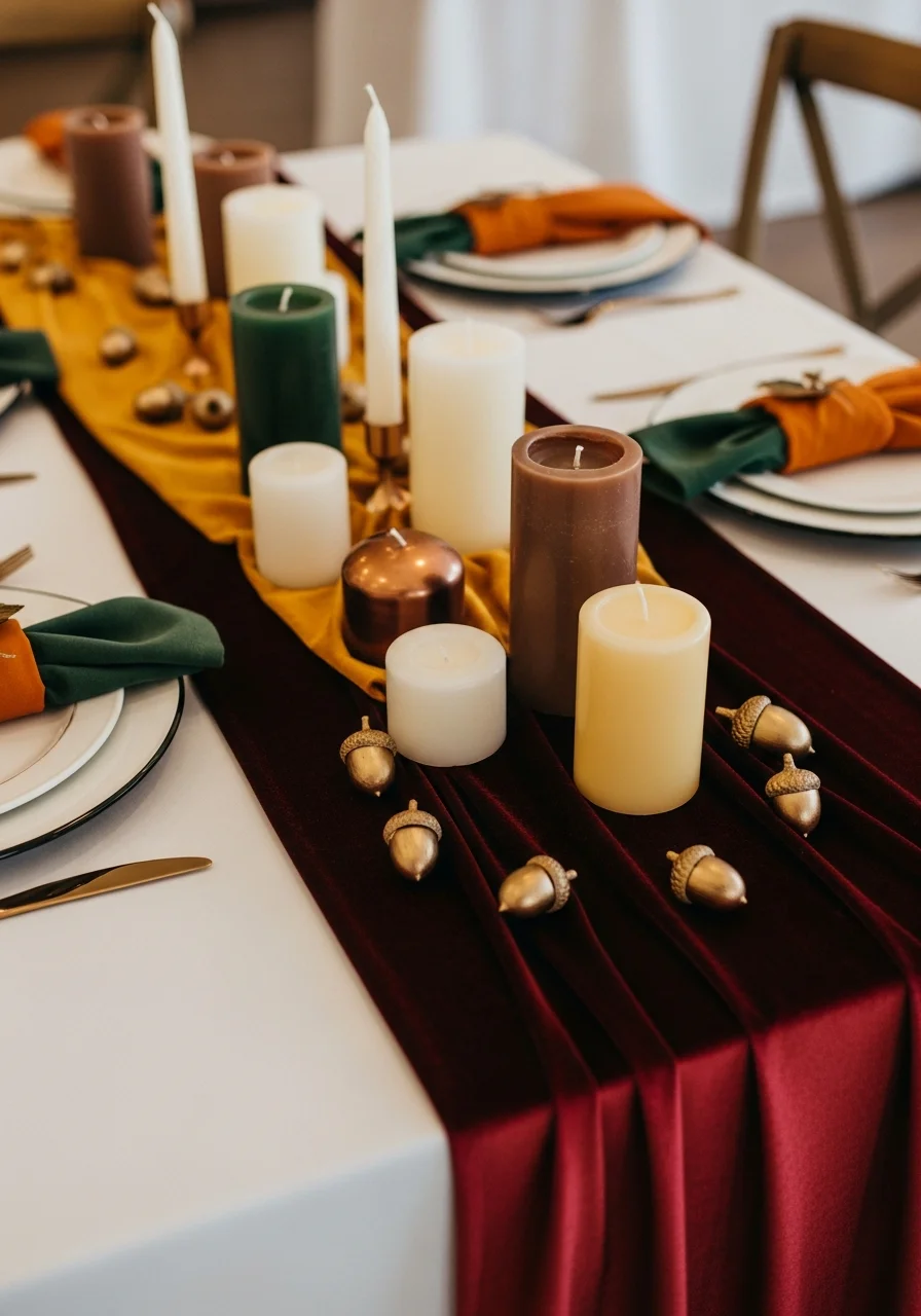 A burgundy velvet table runner with cream candles and gold acorns.