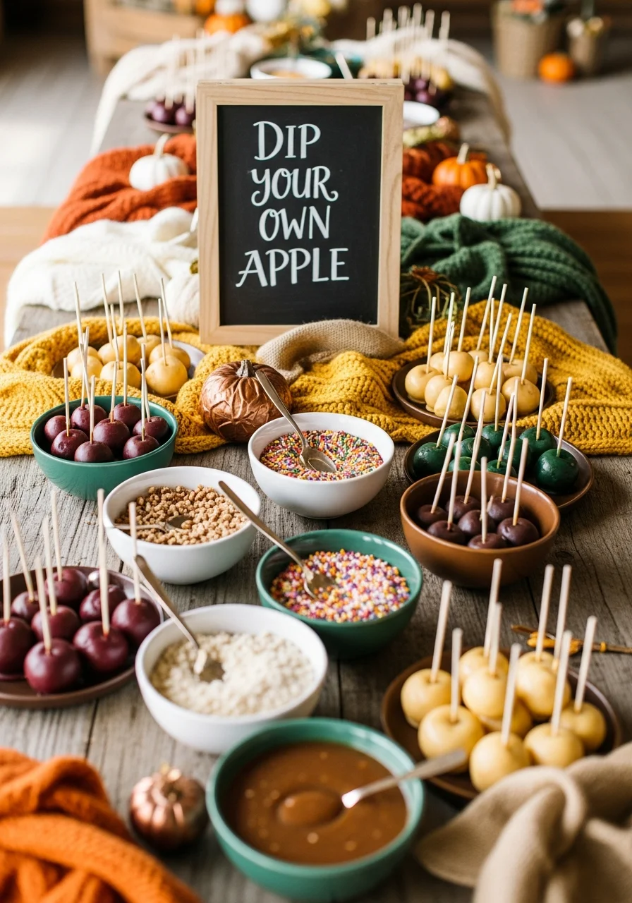 A DIY caramel apple station with various toppings and sliced apples on sticks.