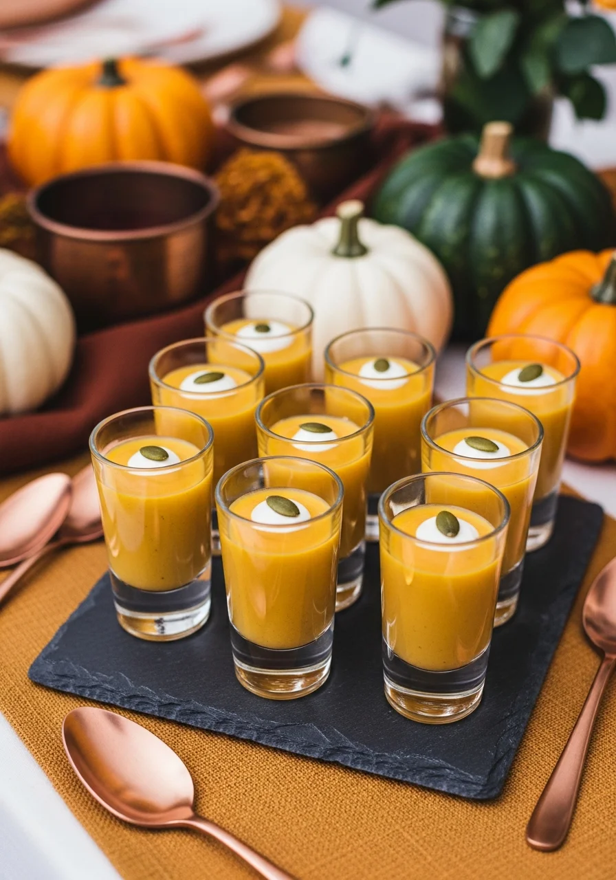 Glass shooters of butternut squash soup arranged on a dark slate serving tray.